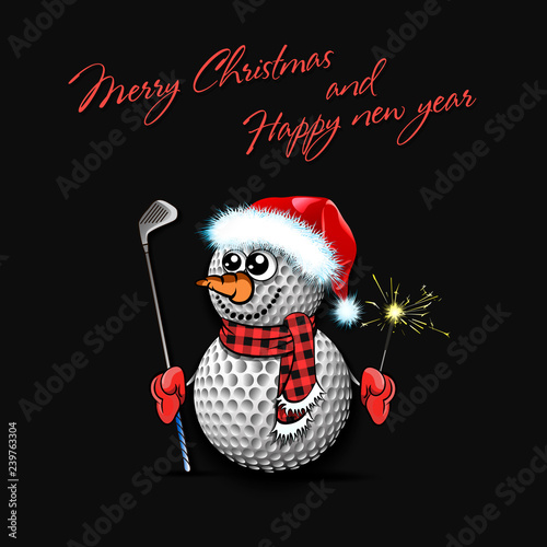Snowman from golf balls with putter and sparklers