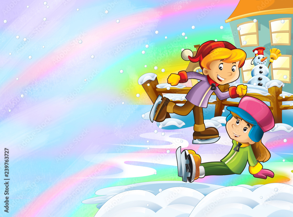 Naklejka premium Cartoon winter nature scene with happy snowman and kids on ice skates - illustration for children