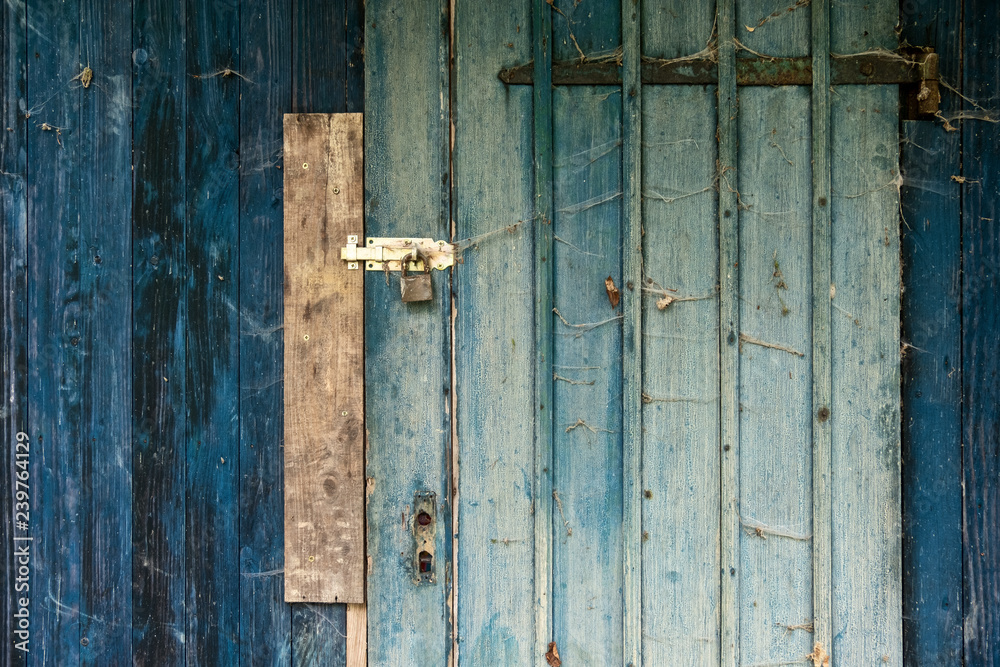 blaue tükise alte Holz Bretterwand enes Schuppens mit verschlossener und verriegelter Tür mit rustikaler Holzmaserung, Vorhängeschloss und vielen kleinen Spinnennetzen blaue tükise alte Holz Bretterwand enes Schuppens mit verschlossener und verriegelter Tür mit rustikaler Holzmaserung, Vorhängeschloss und vielen kleinen Spinnennetzen