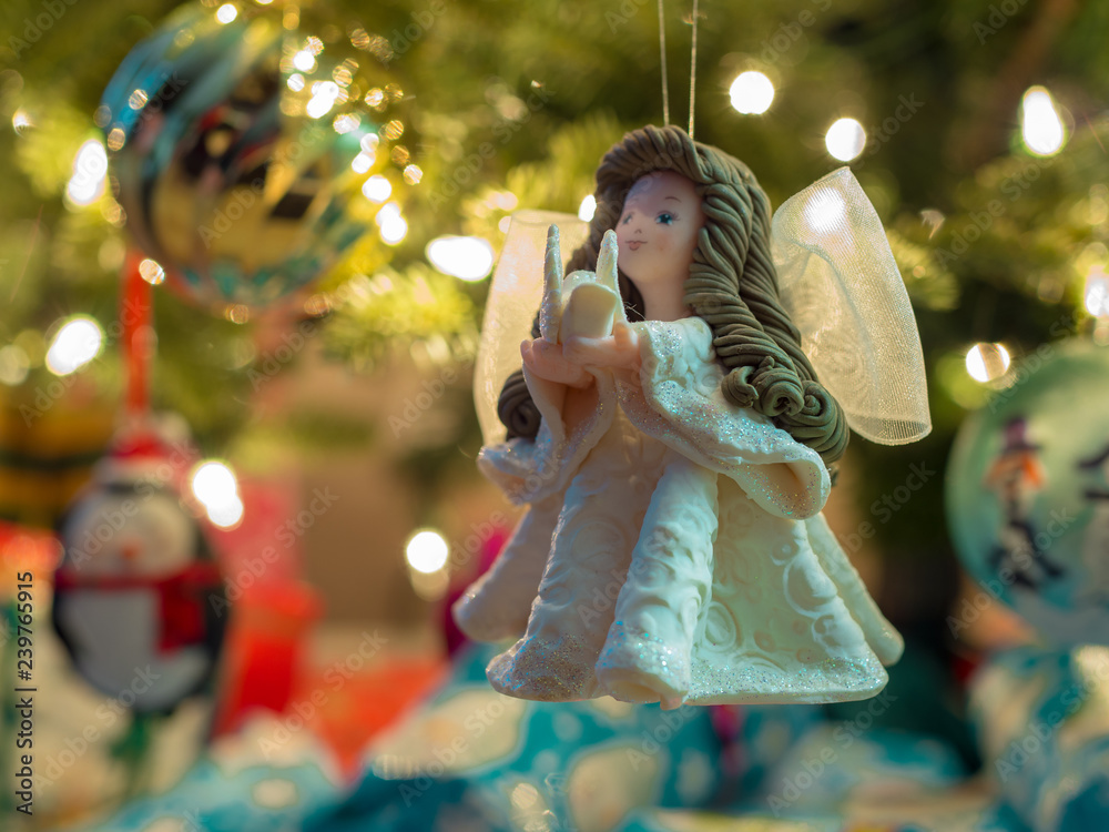 Christmas tree decorations in fine detail and closeup, happy, festive, holiday, merry, tree, no people, celebration.