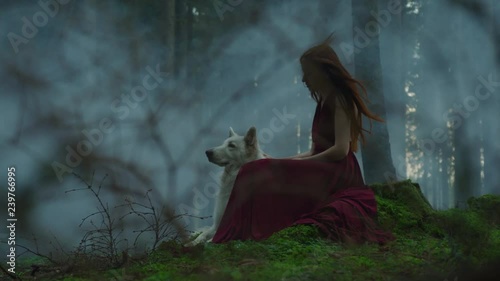 Girl with a dog in a misty forest photo