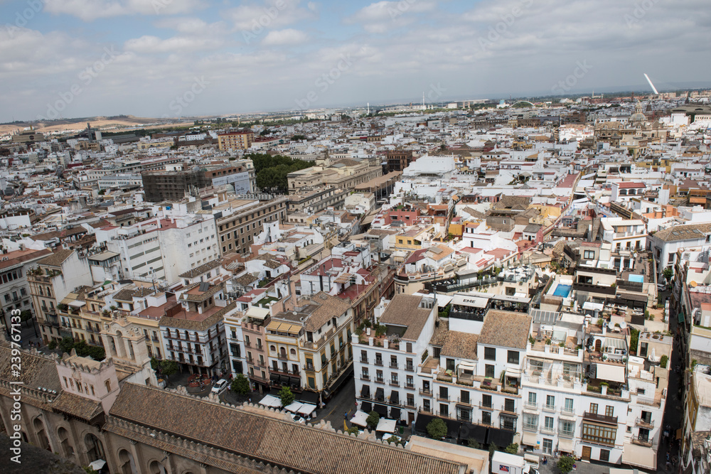 View of the city from the top of Seville Cathedral in Spain. It is one of the oldest cathedral and boasts of finest architecture. The city and the bright sunny sky looks amazing.