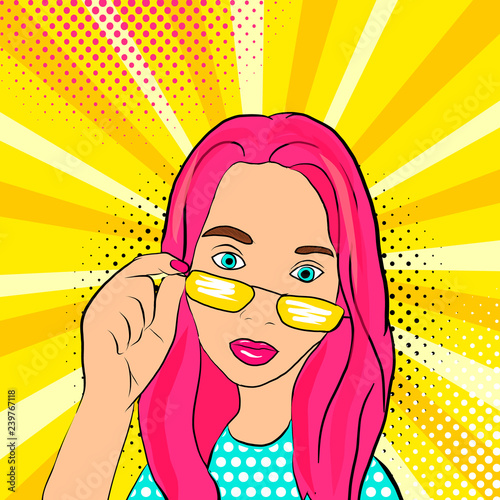 Pop art girl in glasses.