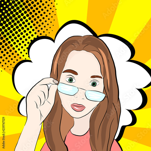 Pop art girl in glasses.