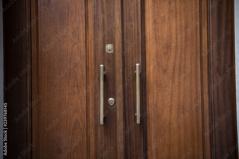 Fototapeta premium Closeup of a locked and closed wooden door is seen on this picture. The design on the door can be seen clearly. It seems the brown colored door is old.