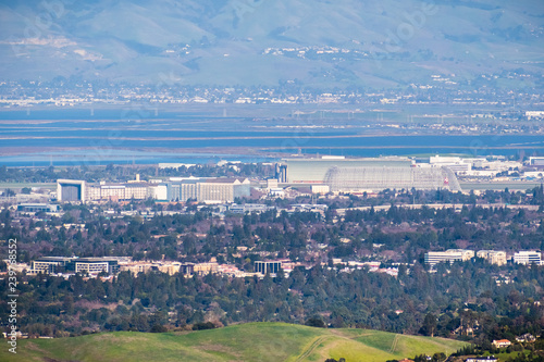 Aerial view of the NASA Ames Research Center and Moffett field on the shoreline of south San Francisco bay area, Mountain View, California