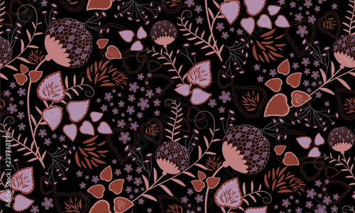 Seamless pattern vector with leaves and flowers. Floral ornament. Vector illustration