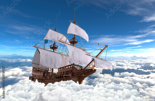 Sailboat flying above the clouds 3d illustration