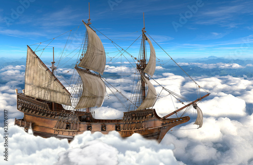 Sailboat flying above the clouds 3d illustration