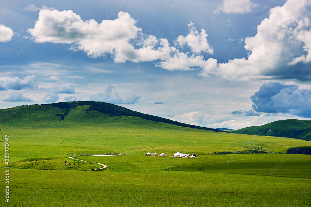 The beautiful Mongolia yurts in the Hulunbuir grassland, China.
