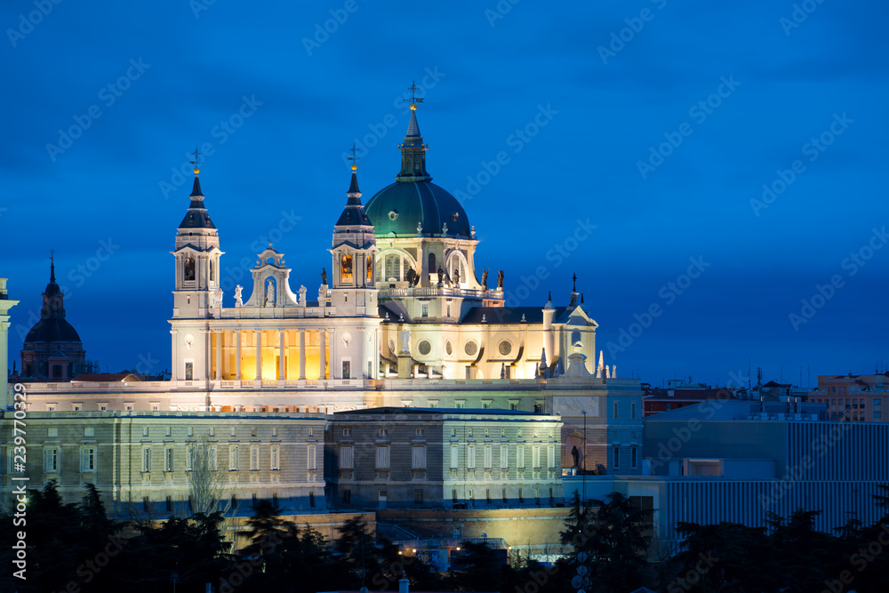 Madrid. Image of Madrid skyline with Santa Maria la Real de La Almudena Cathedral and the Royal Palace during sunset..