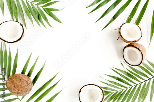 frame made of tropical green palm leaf and cracked coconut on white background. Nature concept. flat lay, top view