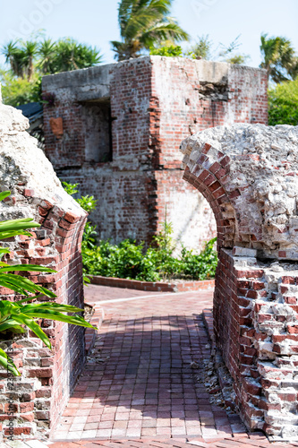 Obraz na plátně Brick outdoor, outside sidewalk corridor path entrance, arch, archway, antique,