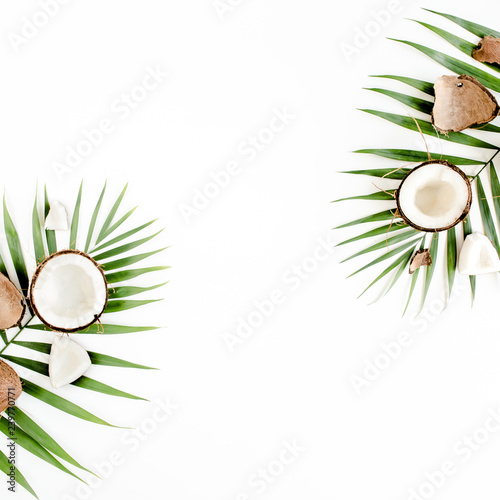 Tropical green palm leaf and cracked coconut on white background.  Nature concept. flat lay, top view photo