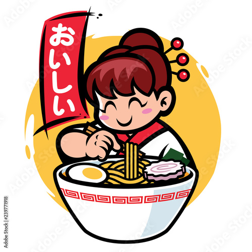 japan girl mascot eat ramen with japan word mean delicious