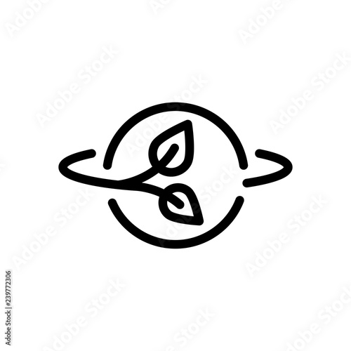 Planet and leaf, eco green energy, outline linear icon. Black icon on white background