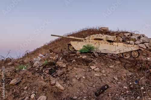 Decommissioned Israeli Centurion tank used during the Yom Kippur War at Tel Saki on the Golan Heights in Israel  photo