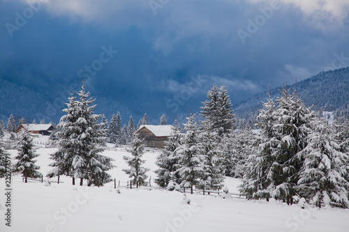 winter in the mountains - small Romanian village in the Carpathians covered with snow