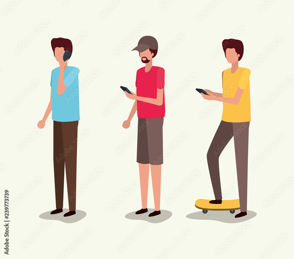 group of young men using smartphone group of young men using smartphone
