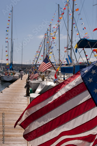 sailing ship in harbor with american flags