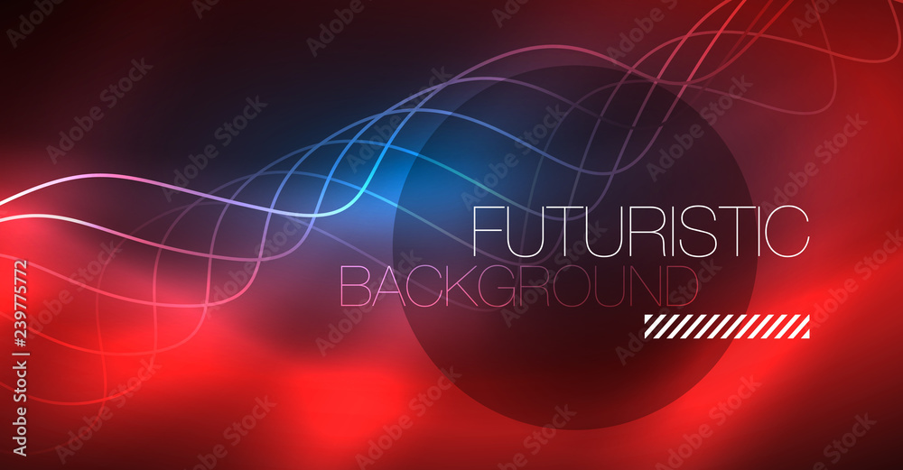 Glowing abstract wave on dark, shiny motion, Christmas and New Year magic space light. Techno abstract background
