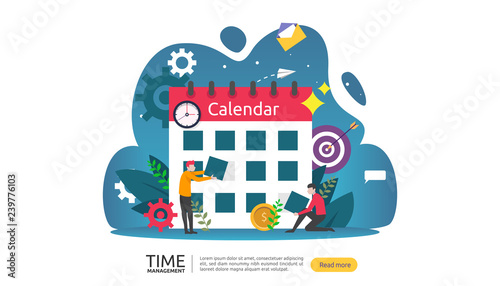 time management and procrastination concept. planning and strategy for business solutions with clock  calendar and tiny people character for presentation  social and print media. Vector illustration