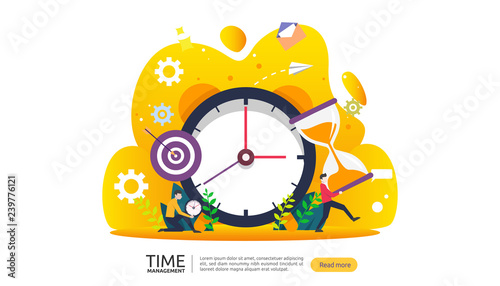 time management and procrastination concept. planning and strategy for business solutions with clock, calendar and tiny people character for presentation, social and print media. Vector illustration