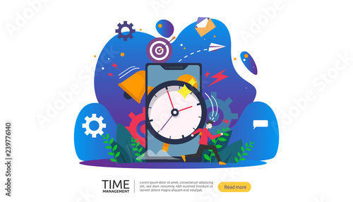 time management and procrastination concept. planning and strategy for business solutions with clock, calendar and tiny people character for presentation, social and print media. Vector illustration