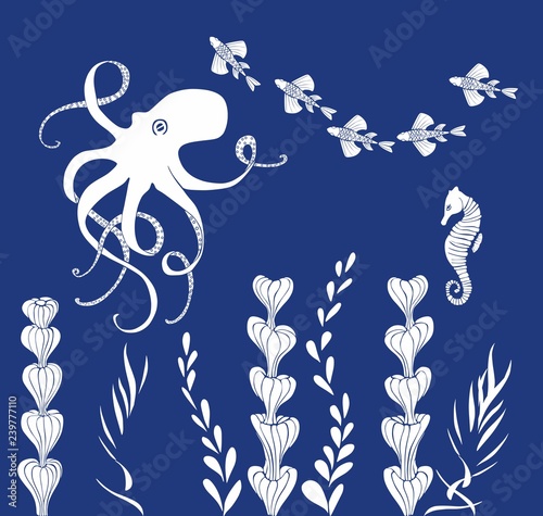 Underwater seascape blue and white. Seabed, underwater algae, fish, seahorse, octopus. Vector background.