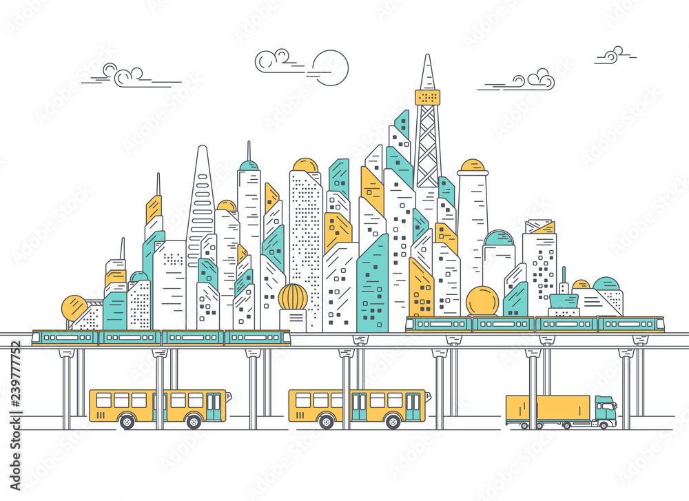 vector of city with building and skytrain, concept of metropolis development, graphic of urban technology for infographic
