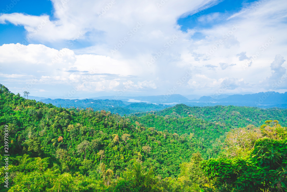 Blue sky high peak mountains fog hills mist scenery national park views at Phu Tub Berk, Khao Koh, Phetchabun Province, Thailand