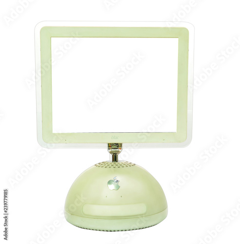 Computer Monitor, Old apple iMac G3 with blank screen. Isolated on white background.