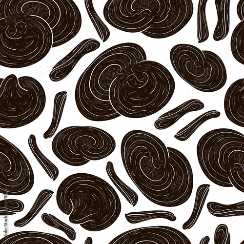 Reisihi. Mushroom. Sketch. Background, wallpaper, seamless, texture. Black silhouette.