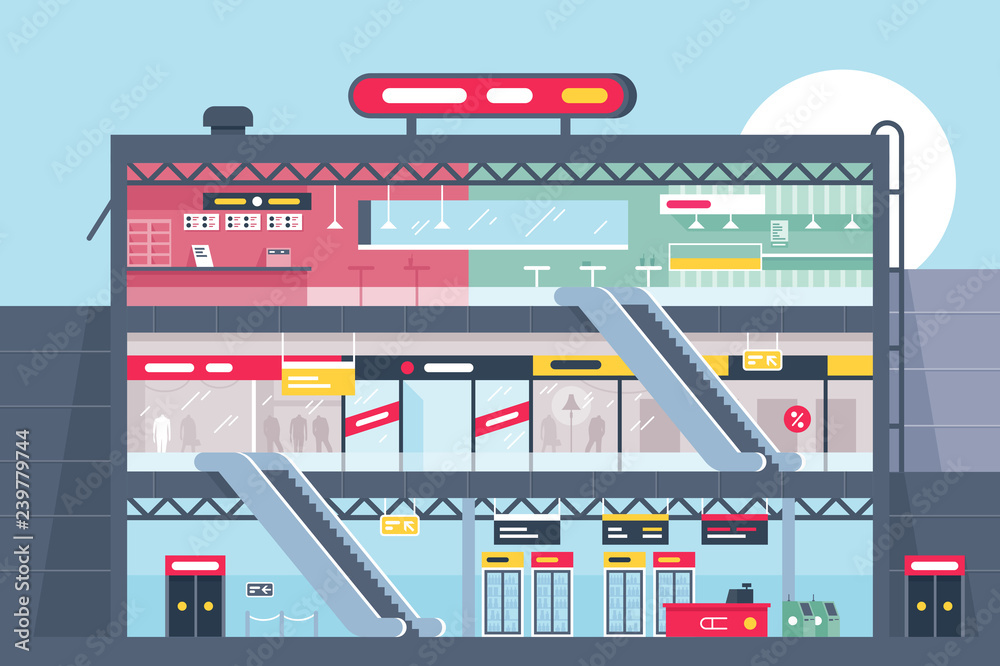Flat shopping center section with clothing shop, fast food and products. Flat shopping center section with clothing shop, fast food and products.