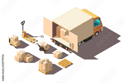 Isometric 3d light shipment truck with forklift and box for delivery moving.