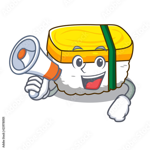 With megaphone tamago sushi Isolated on a mascot