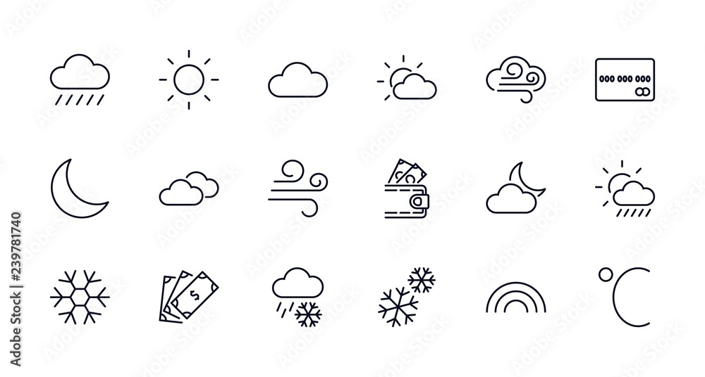 Fototapeta premium Set of weather vector line icons. Contains symbols of the sun, clouds, snowflakes, wind, rainbow, moon and much more. Editable move. 32x32 pixels.