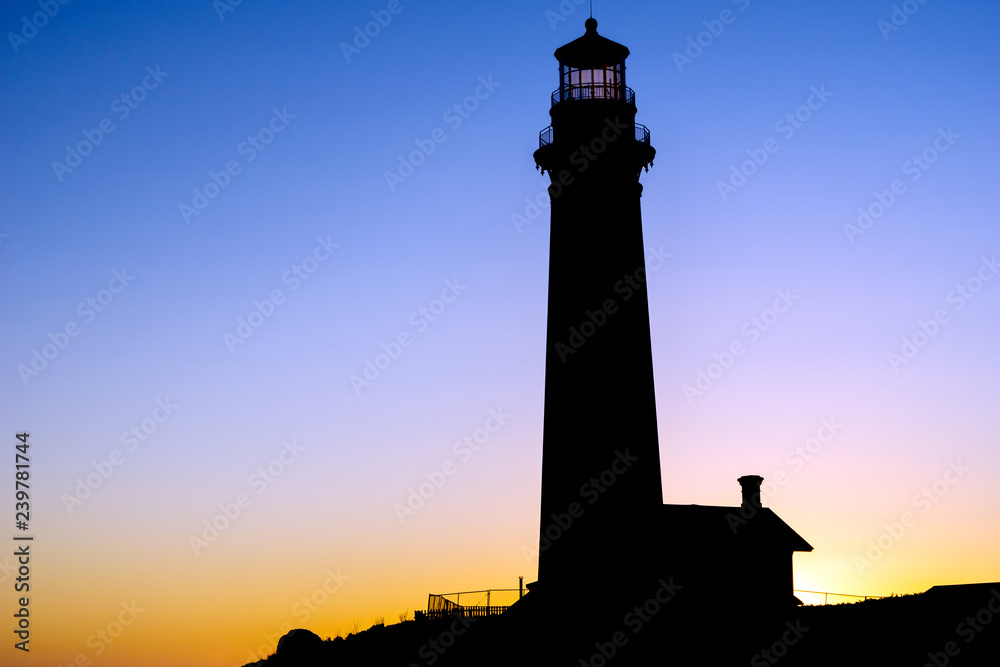 Lighthouse Silhouette with Colorful Sunset, California Coast