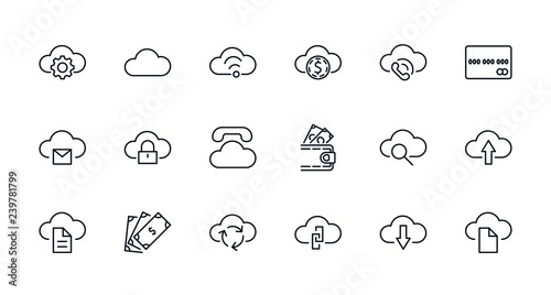 Set of cloud vector line icon. It contains symbols to upload, download, link and more. Editable Stroke. 32x32 pixels.