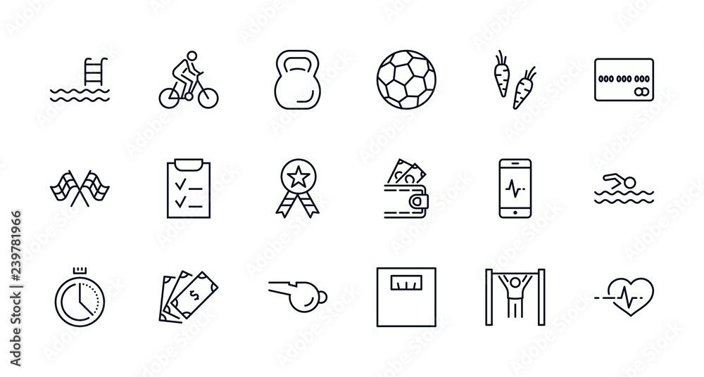 Set of Fitness Vector Line Icons. Contains such Icons as Cycling, Kettlebell Sport, Soccer Ball, Heartbeat, Workout, Stopwatch, Timer, Diet Plan, Sport Nutrition and more. Editable Stroke. 32x32 Pixel