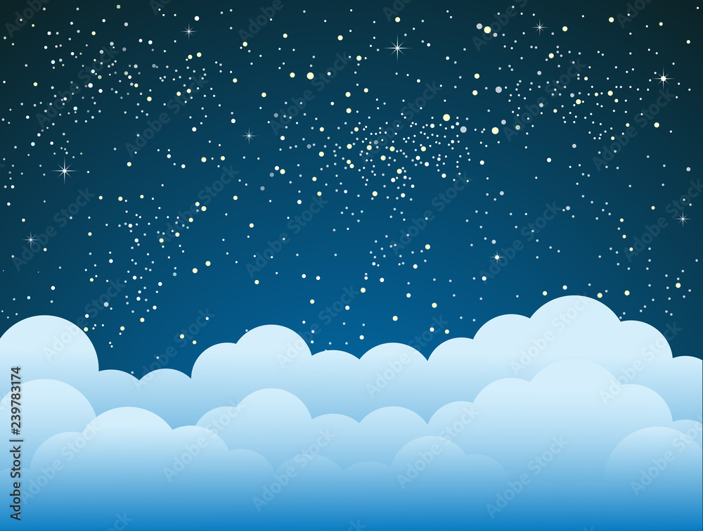 Starry Sky with Blue Clouds. Shining Stars Sky.