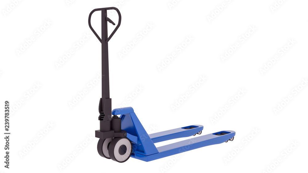 Blue Hand Pallet Truck isolated on white background. 3D illustration Blue Hand Pallet Truck isolated on white background. 3D illustration