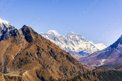 View of Everest and Lhotse Peak from the trekking route to Everest Base Camp in Nepal.