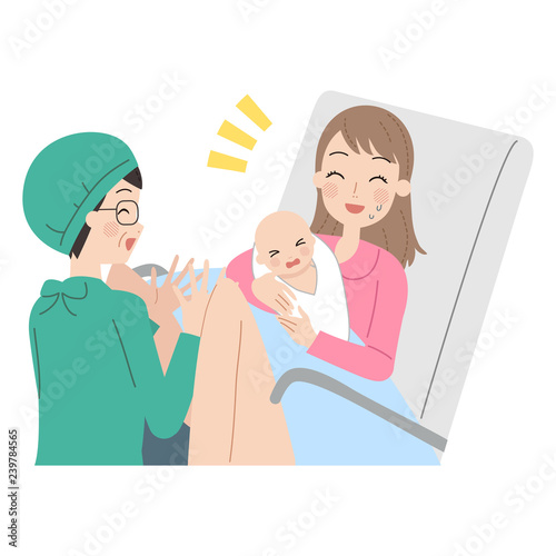 出産する女性。
