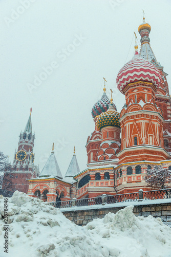 Winter view of the landmark St. Basil s Cathedral on Red Square in Moscow  Russia