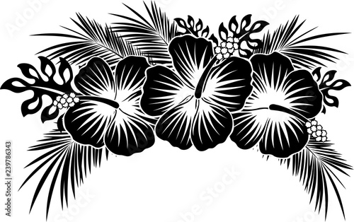 hibiscus flowers with tropical leaves in black and white