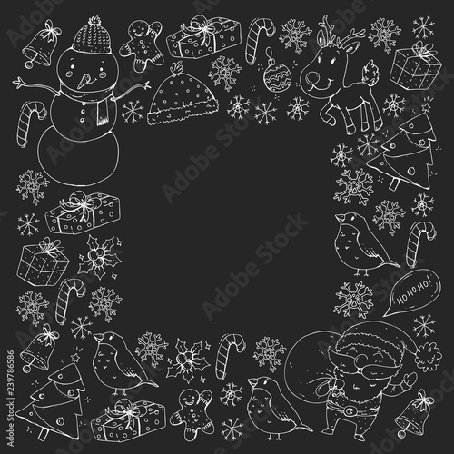 Winter Christmas vector pattern. Icons of Santa, snowman, deer, bell, Christmas tree. Merry Christmas Happy new year