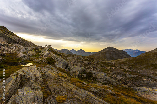 Sunrise at the Swiss Alps with chamoises - Huette Cadlimo on Lukmanierpass, Canton Ticino, Switezrland photo