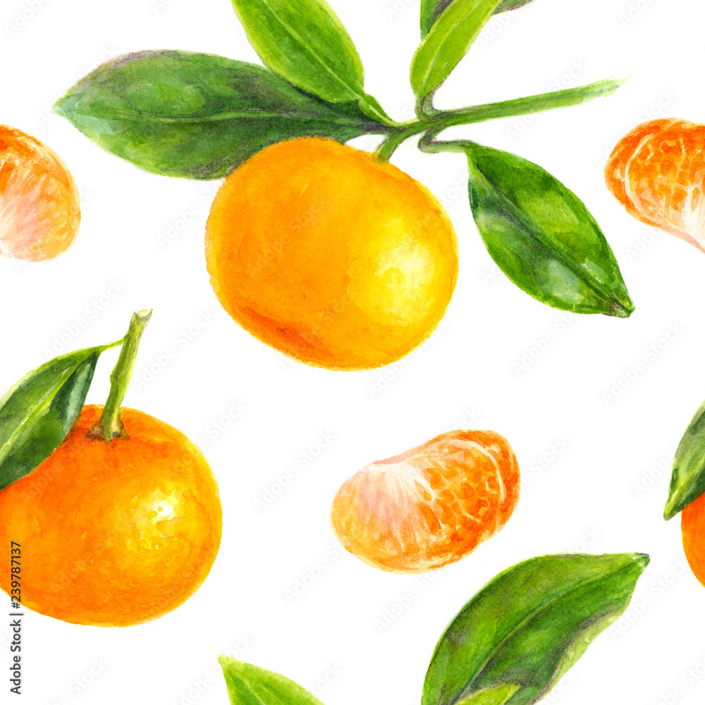 Watercolor hand drawn branch of tangerine with green leaves seamless pattern. Watercolor hand drawn branch of tangerine with green leaves seamless pattern.