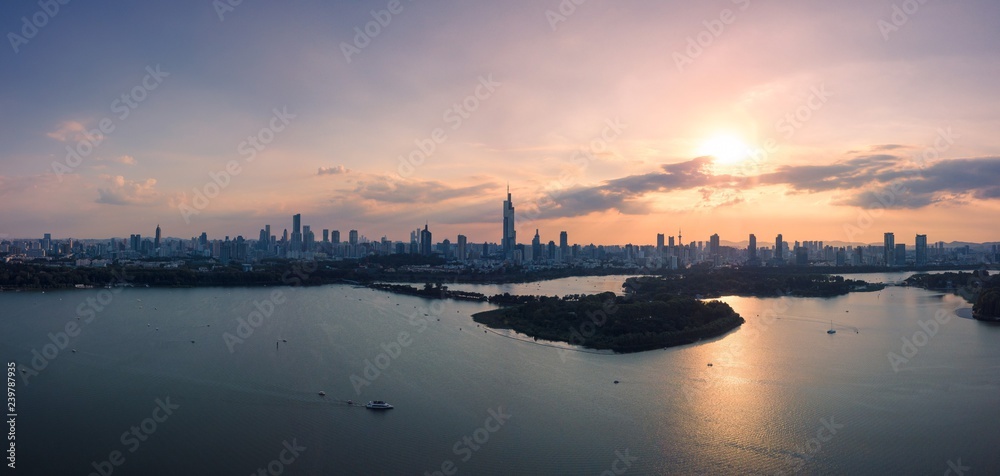 Panorama of Xuanwu Lake at Sunset Seen From A Drone